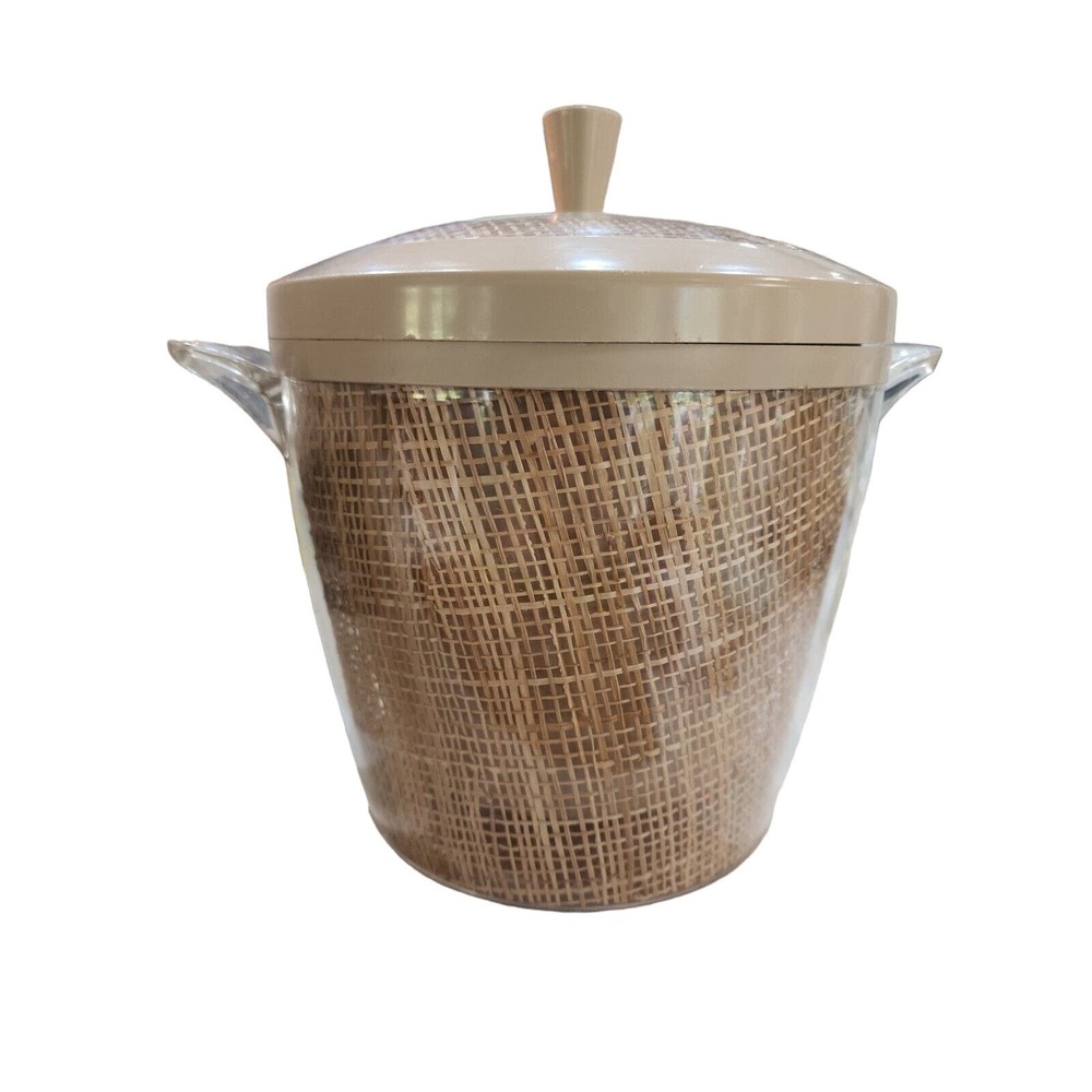 Vintage Mid Century Plastic Thermo-Temp Raffia Burlap Ice Bucket